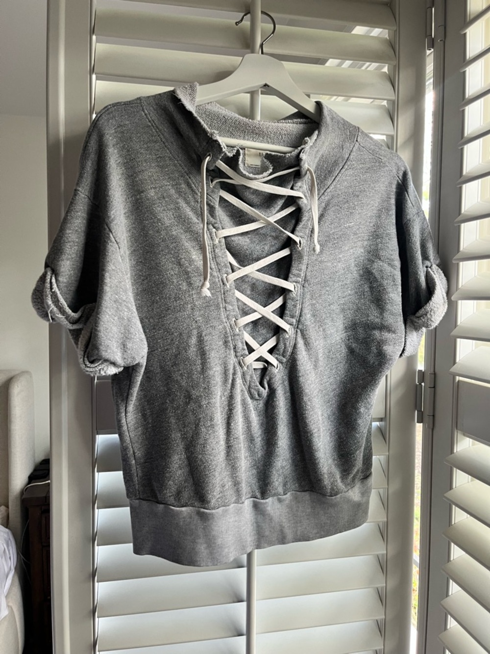 Anthropologie Grey Lace-Up Short Sleeve Sweatshirt